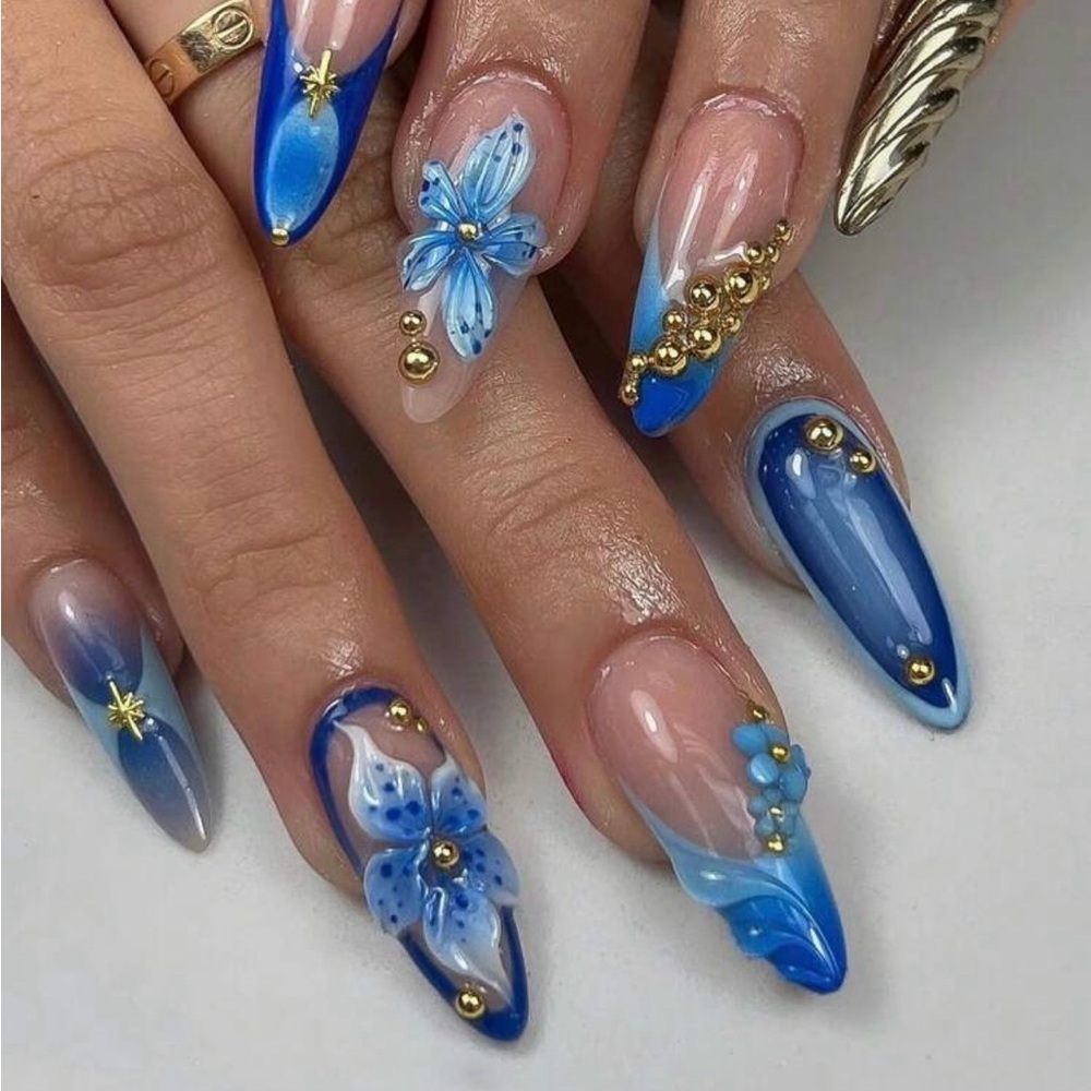 Blue Floral 3D Nail Art Set - Women Makeup